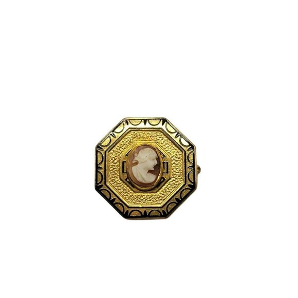 Victorian Taille d 'Epargne Enamel Gold Filled Cameo Pin Mourning Jewelry - Picture 1 of 5